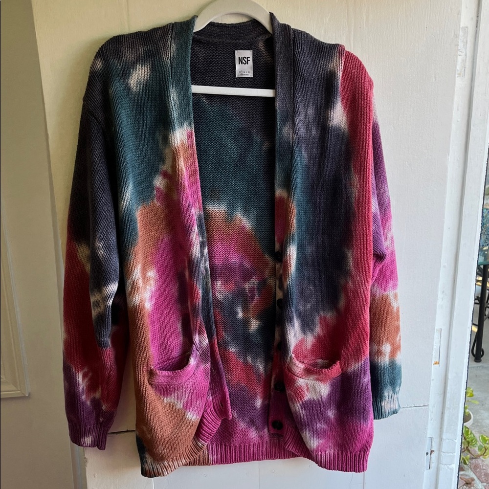 NSF Multicolor Tie-Dye Open-Front Cardigan in Pink, blue & purple Hues
